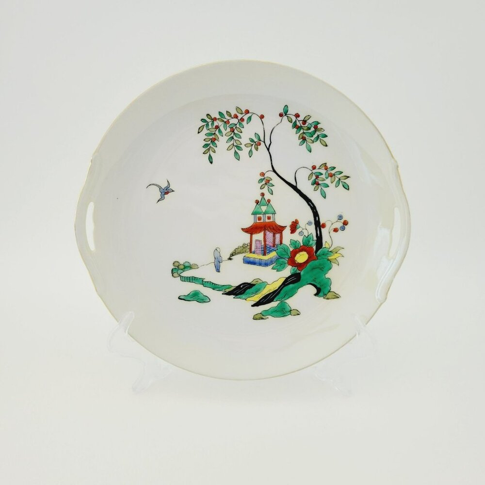 Noritake Asian Landscape Scene Cake Plate, c.1920-40 Morimura Mark, Vibrant Gree